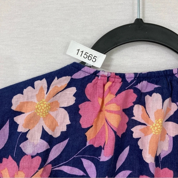 Charter Club Navy Pink Floral 100% Linen Tie Front Short Sleeve Button Down XL - Picture 10 of 10